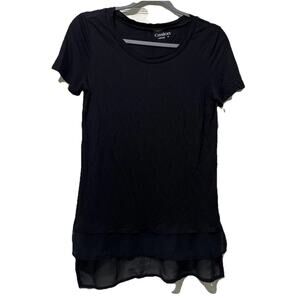 Caslon Women Black Semi Sheer Ruffle Short Sleeve T-Shirt Hi low Size XS Stretch